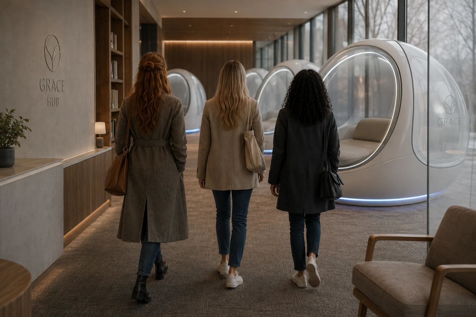 Mary, Theresa, and Angel walk away from the camera toward transparent pods inside a quiet, softly lit GRACE Hub.