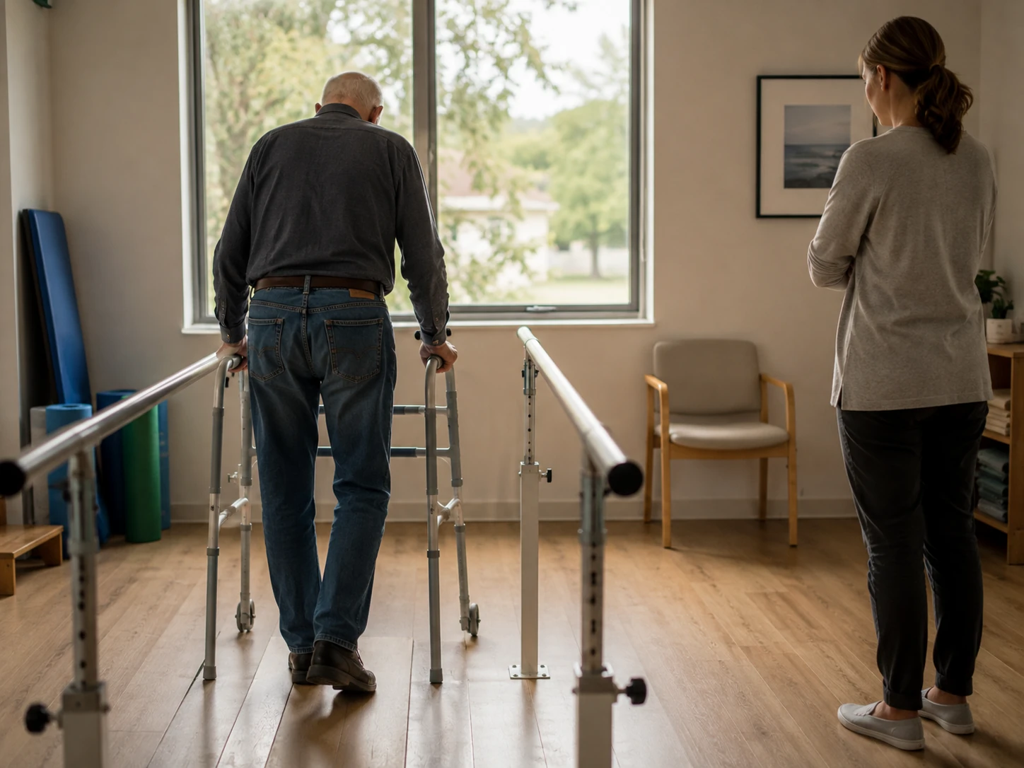 an old man revalidating, while a medical worker is watching the progress