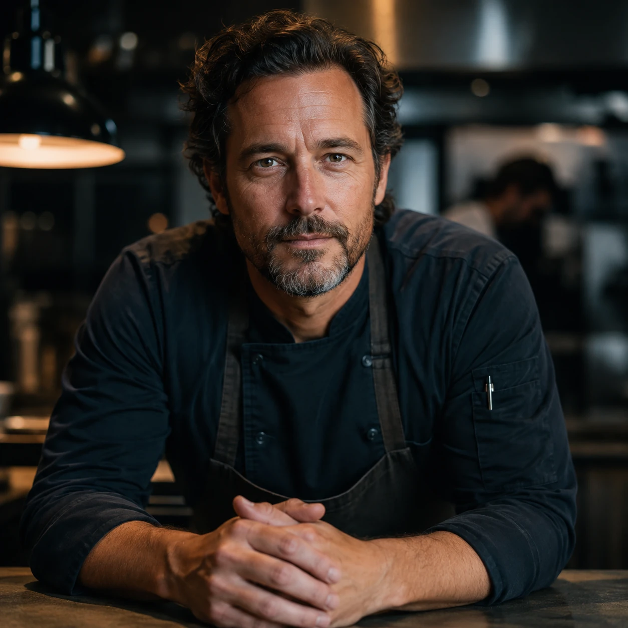 Chef Adrian Vale, executive chef of Atelier Pacific, photographed in the restaurant kitchen wearing a dark chef’s jacket and apron.