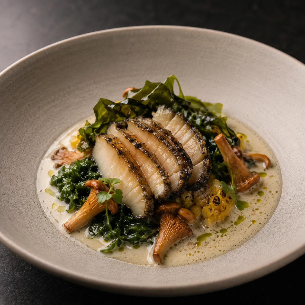 Butter-poached California abalone with sweet corn, chanterelles, sea lettuce and shellfish beurre blanc.