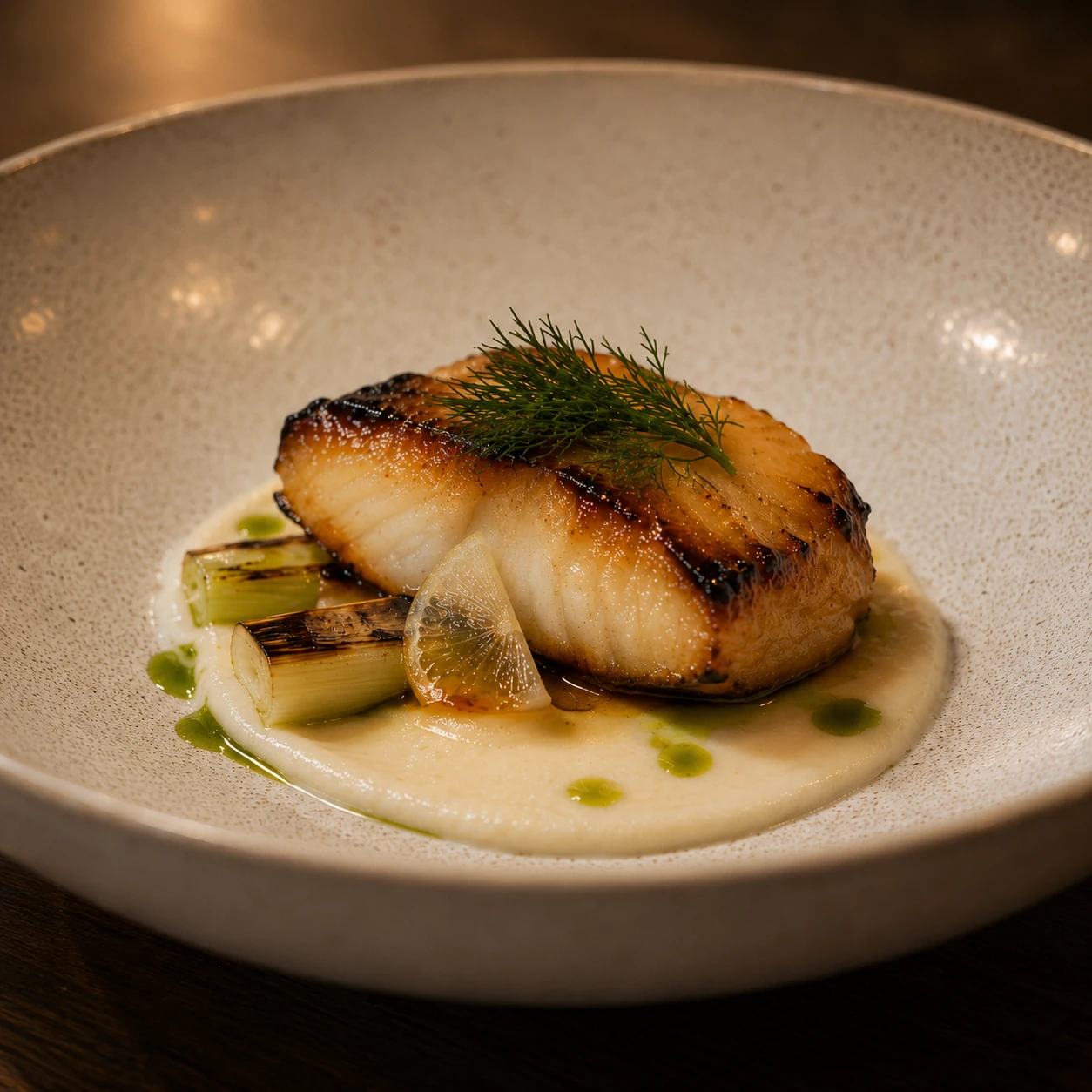 Miso-glazed Monterey black cod with charred spring leek, smoked potato cream, preserved Meyer lemon and dill oil.