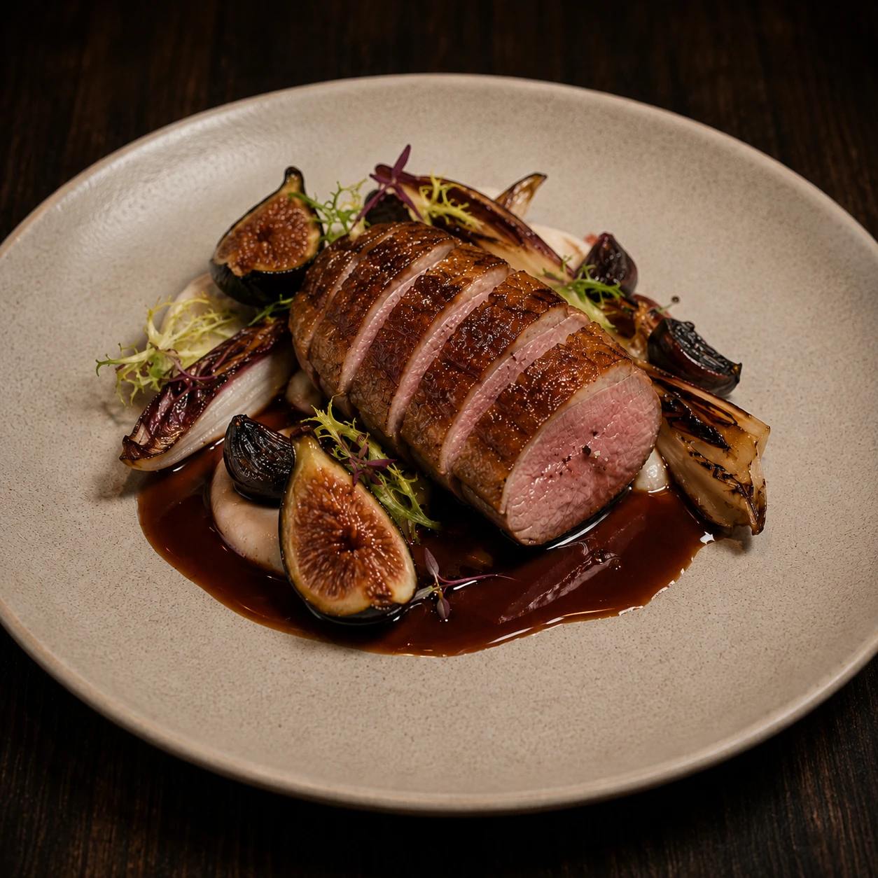 Dry-aged Sonoma duck breast with roasted figs, chicory, black garlic and California Pinot Noir jus.