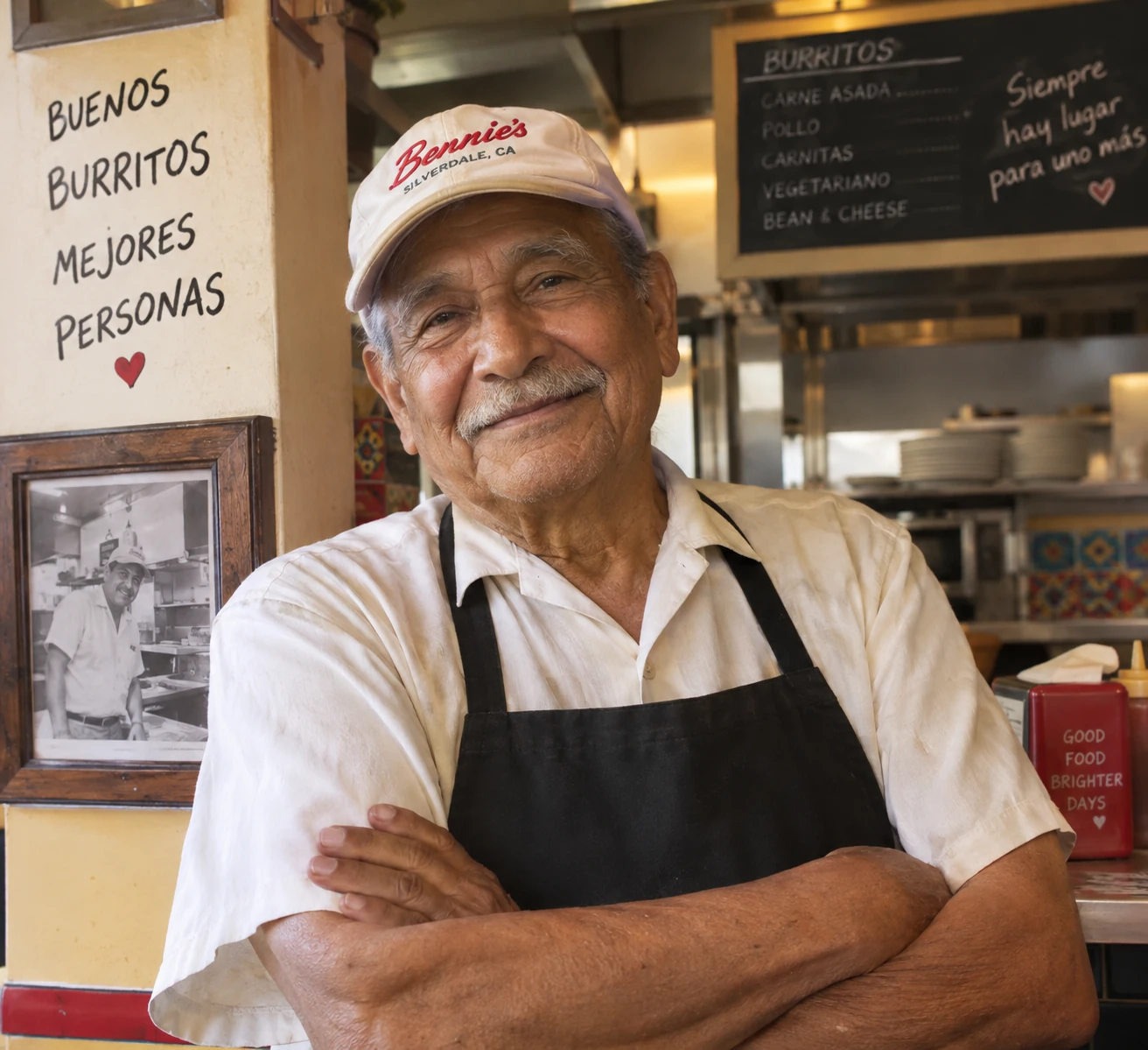 Benito "Bennie" posing in his restaurant, an 80 year old man, looking proud.