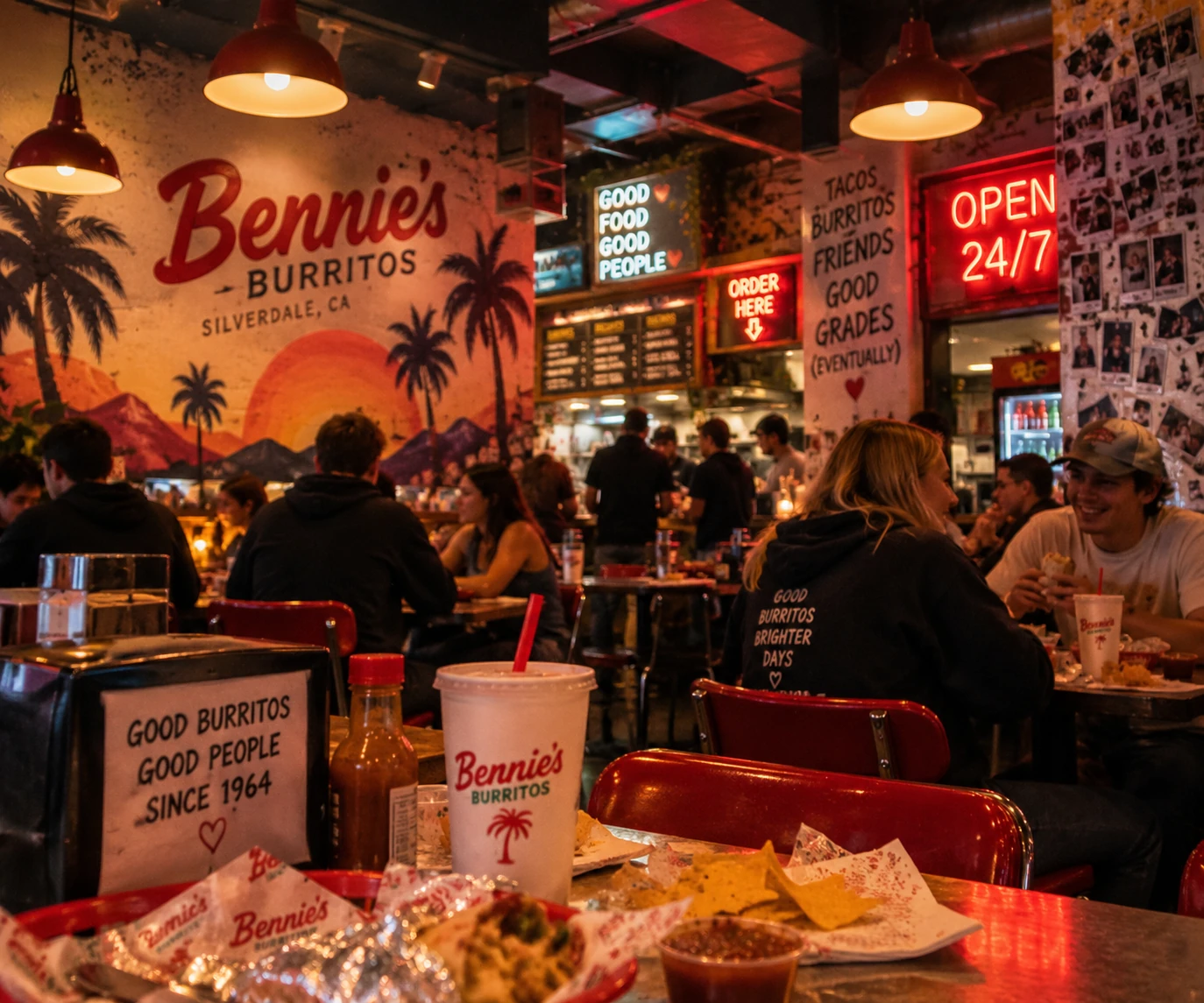 full restaurant with people eating at Bennies.
