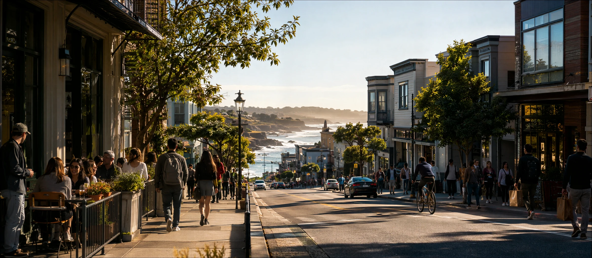 A lively Silverdale street descending toward the Pacific coast