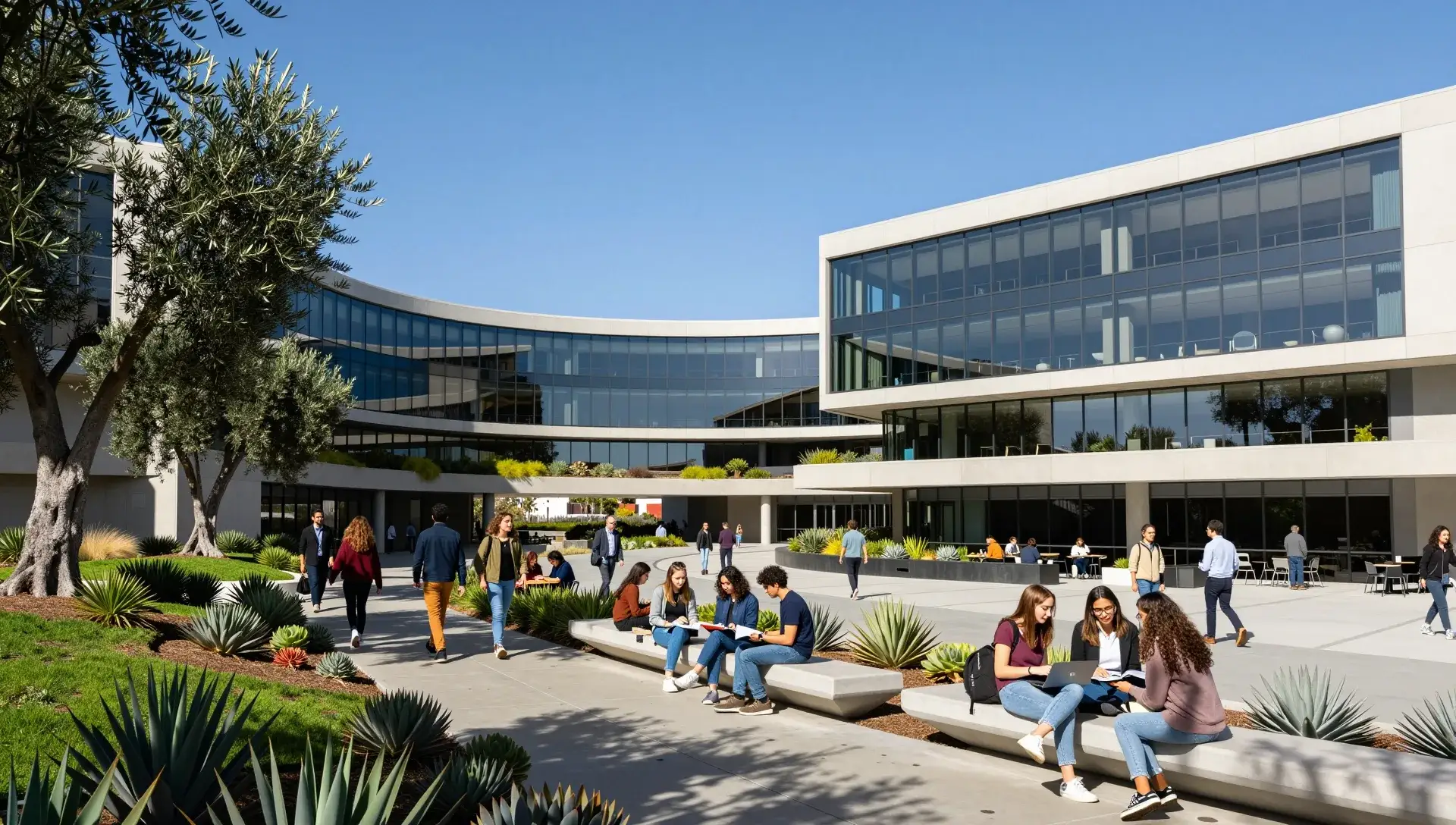 The modern campus of Pacific State University